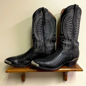 LARRY MAHAN Mens Black Leather Cowboy Boots 11.5